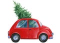 Hand drawn watercolor. Retro car with fir tree, holiday illustration. Royalty Free Stock Photo