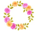 Hand drawn watercolor round frame painting with pink and yellow roses flowers isolated on white background. Floral ornament. Royalty Free Stock Photo