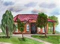 Hand drawn watercolor rural sketch. Brown wooden house in village Royalty Free Stock Photo