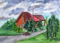 Hand drawn watercolor rural sketch. Brown wooden house in village Royalty Free Stock Photo