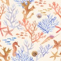 Hand-drawn watercolor sea pattern with underwater object Royalty Free Stock Photo