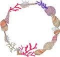 Hand drawn in watercolor sea world natural element. Corals reef shell frame on white background