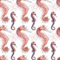 Hand drawn watercolor seahorse seamless pattern.