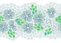 Hand-drawn, watercolor seamless border made of shells and sea glass, imitating flowers, in pale blue and green colors