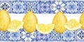 Hand drawn watercolor seamless border with yellow citrus lemons, blue white portugese azulejo tiles. Bright summer