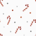 Hand drawn watercolor seamless Christmas pattern with small circles and candy in red and white colors