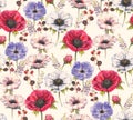 Hand-drawn watercolor seamless floral pattern with beautiful anemones and berries