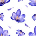 Hand drawn watercolor seamless floral pattern with purple violet lilac crocus saffron flowers 3003