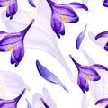 Hand drawn watercolor seamless floral pattern with purple violet lilac crocus saffron flowers 3004