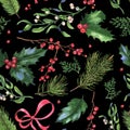 Hand-drawn watercolor seamless holiday pattern with different leaves and berries