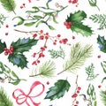 Hand-drawn watercolor seamless holiday pattern with different leaves and berries