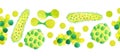 Hand drawn watercolor seamless horizontal border yellow green viruses and bacteria isolated set. Microscopic cell