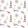 Hand drawn watercolor seamless patern with lighthouse and knot Royalty Free Stock Photo