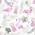 Hand drawn watercolor seamless pattern. Background with pink fla Royalty Free Stock Photo