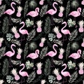 Hand drawn watercolor seamless pattern. Background with pink fla Royalty Free Stock Photo