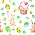 Hand drawn watercolor seamless pattern with bunnies and multicolored ester eggs on white background