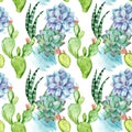 Hand drawn watercolor seamless pattern with cactuses and succulents. It`s perfect for textile design, digital paper