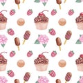 Hand drawn watercolor seamless pattern with chocolate cupcake, cake, raspberry, marshmallow, ice cream. Royalty Free Stock Photo