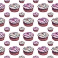 Hand drawn watercolor seamless pattern with color cream tart cake on white background