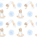 Hand drawn watercolor seamless pattern consisting of girl in yoga poses Royalty Free Stock Photo