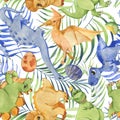 Hand drawn watercolor seamless pattern with cute dinosaurs and tropical leaves.