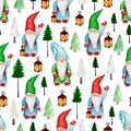 Hand drawn watercolor seamless pattern of cute gnome, Christmas tree, lamp. Happy New Year and Christmas clipart illustration for