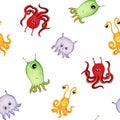 Hand drawn watercolor seamless pattern with cute monsters. Cartoon fantasy characters isolated on white background. Royalty Free Stock Photo