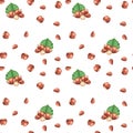 Hand-drawn watercolor seamless pattern with different hazelnuts on the white background