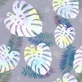 Hand drawn watercolor seamless pattern with different tropical leaves