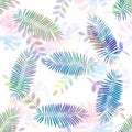 Hand drawn watercolor seamless pattern with different tropical leaves