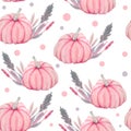 Hand drawn watercolor seamless pattern of fall autumn pastel soft pink pumpkins with grey leaves and flowers. Baby