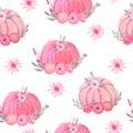 Hand drawn watercolor seamless pattern of fall autumn pastel soft pink pumpkins with grey leaves and flowers. Baby