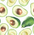 Hand-drawn watercolor seamless pattern with fresh green avocado on the white background Royalty Free Stock Photo