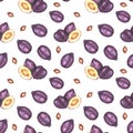 Hand-drawn watercolor seamless pattern with fresh ripe plums Royalty Free Stock Photo