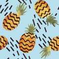 Hand drawn watercolor seamless pattern fruits pineapples on blue background. Hand painted tropical summer wallpaper. Cute hawaiian