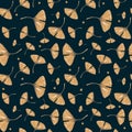 Hand-drawn watercolor seamless pattern with golden beautiful leaves