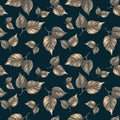 Hand-drawn watercolor seamless pattern with golden beautiful leaves