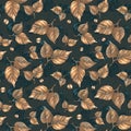 Hand-drawn watercolor seamless pattern with golden beautiful leaves