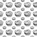 Hand drawn watercolor seamless pattern with gray cream tart cake on white background