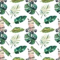 Hand-drawn watercolor seamless pattern. Green tropical leaves and a zebra on white background Royalty Free Stock Photo