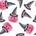 Hand drawn watercolor seamless pattern of Halloween fall autumn pastel soft pink pumpkins with black with hat. Horror