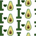 Hand drawn watercolor seamless pattern illustration I love avocado fresh green tropical fruit. Super food exotic