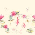 Hand-drawn watercolor seamless pattern in Japan style with lotus flowers, leaves and Koi carp fishes