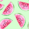 Hand drawn watercolor seamless pattern with a lot of watermelon slices. Sliced pink