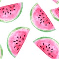 Hand drawn watercolor seamless pattern with a lot of watermelon slices. Sliced