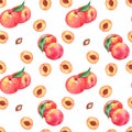 Hand-drawn watercolor seamless pattern with orange fresh peaches Royalty Free Stock Photo