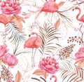 Hand drawn watercolor seamless pattern with pink flamingo, peony and decorative plants. Royalty Free Stock Photo