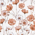 Hand-drawn watercolor seamless pattern with pink and white kosmea flowers