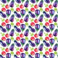 Watercolor bright tomatoes and broccoli and eggplants pattern, hand drawn ripe vegetables, seamless pattern on white Royalty Free Stock Photo