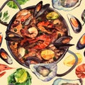 Hand drawn watercolor seamless pattern with seafood and paella.